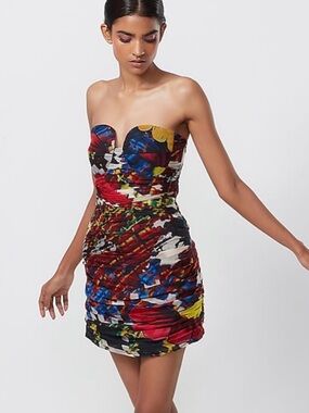 Strapless Multicolor Floral Ruched Mini Dress